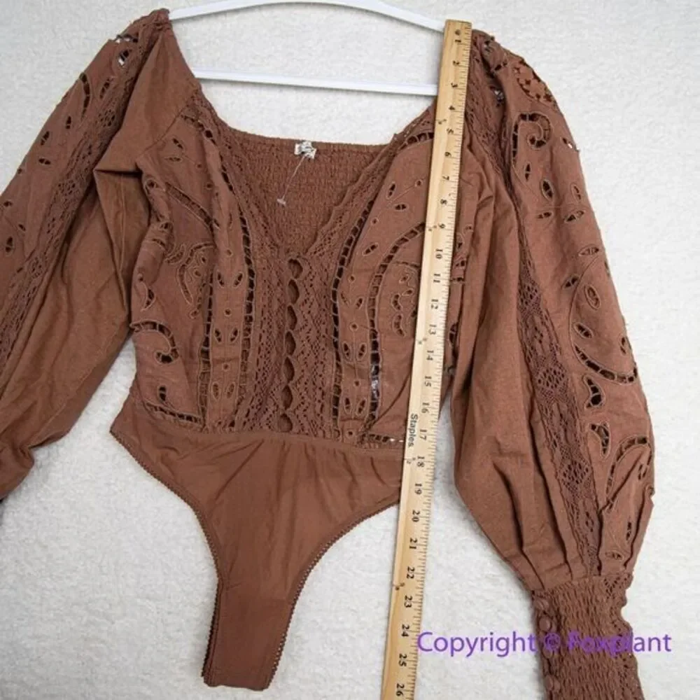 NEW Free‎ People Intimately Brown Regina Boho Long Sleeve Bodysuit, S